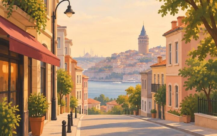 Gümüşhane merkezinde sessiz ve sade bir cadde illüstrasyonu; kimlik veya kişi görüntüsü yok.