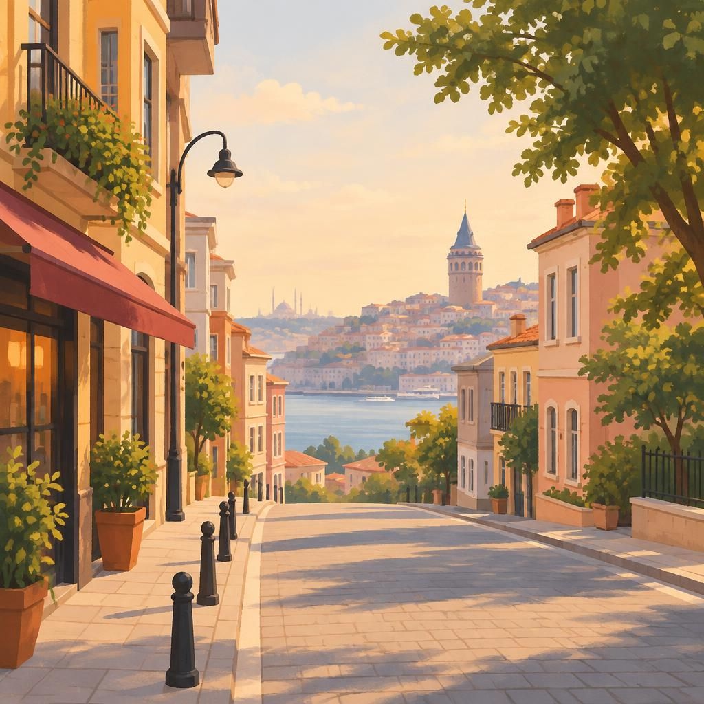 Gümüşhane merkezinde sessiz ve sade bir cadde illüstrasyonu; kimlik veya kişi görüntüsü yok.