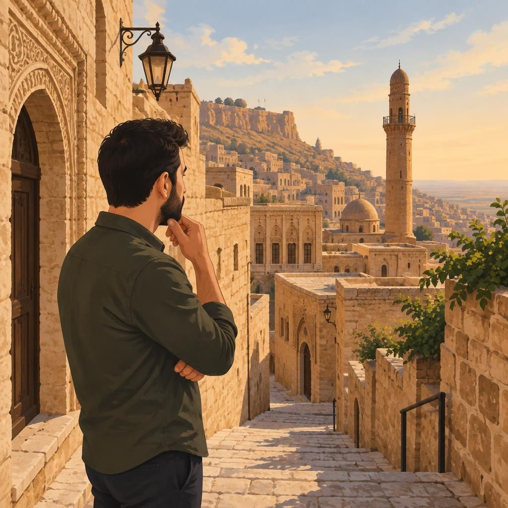 Mardin’in taş sokaklarında düşünceli bir erkek; gizlilik ve güvenilirlik odaklı bir süreç anlatımı çağrışımlı