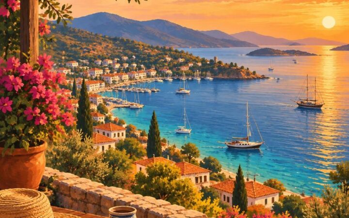 Muğla kıyı şeridine bakan sade illüstratif görsel, insan figürü yok.