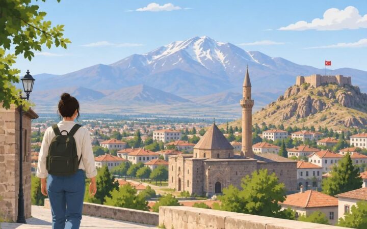 Niğde şehrinin sakin bir görünümüyle yürüyen bir yetişkin erkek (logo olmadan sade illüstrasyon).
