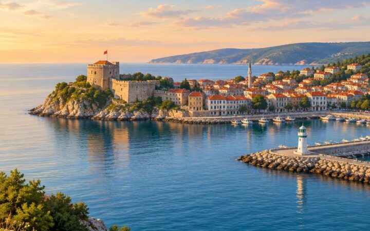 Sinop kıyı şeridi ve sakin bir şehir manzarası illüstrasyonu için açıklayıcı alternatif metin
