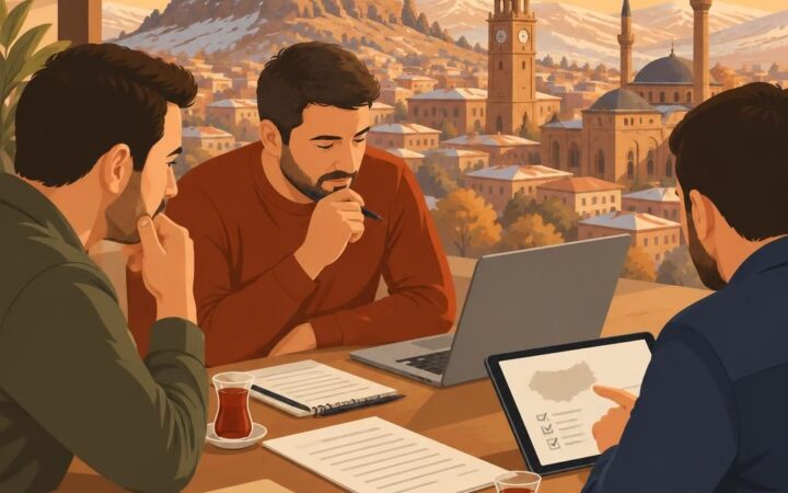 Sivas şehir silueti ve belgeler üzerinde düşünen bir erkek