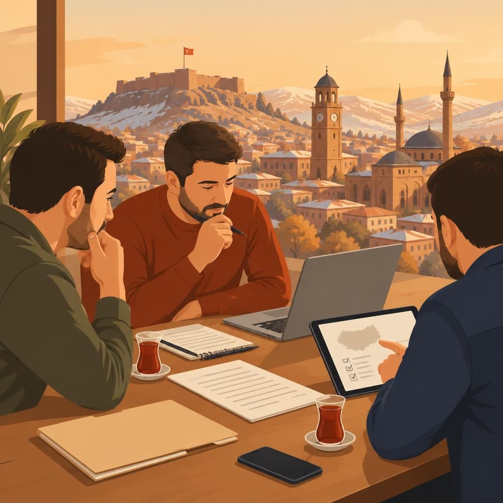 Sivas şehir silueti ve belgeler üzerinde düşünen bir erkek