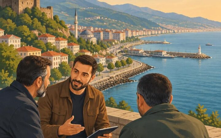 Trabzon’un kıyı şeridi ve şehir siluetiyle bilgilendirici bir illüstrasyon