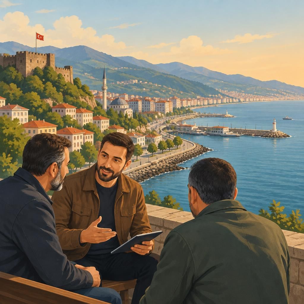 Trabzon’un kıyı şeridi ve şehir siluetiyle bilgilendirici bir illüstrasyon