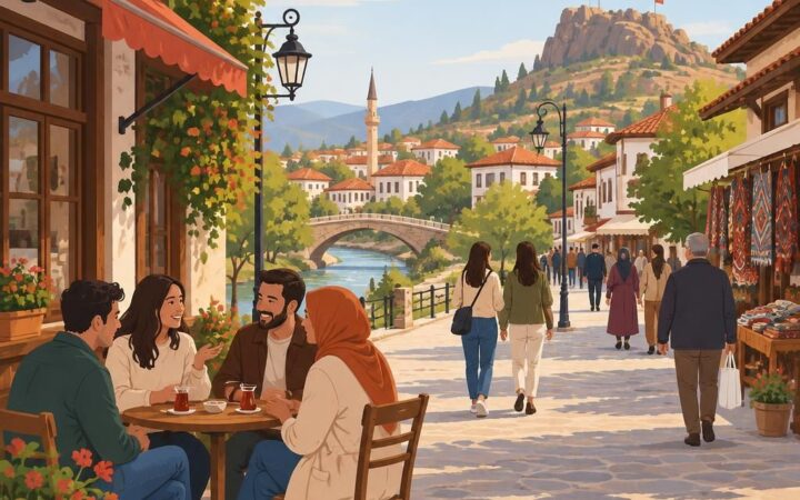 Uşak şehrinde insanlar sohbet ederken basit, doğal bir illüstrasyon