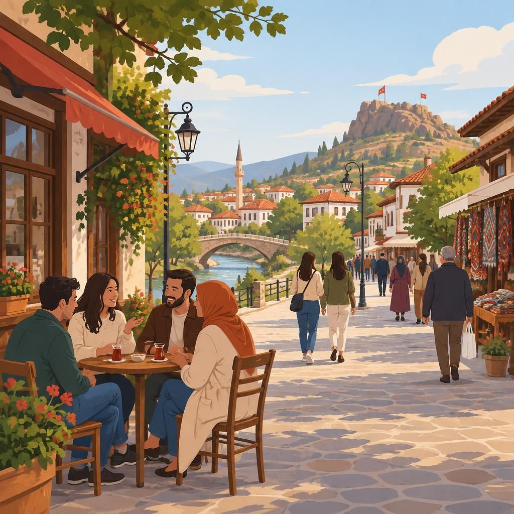Uşak şehrinde insanlar sohbet ederken basit, doğal bir illüstrasyon