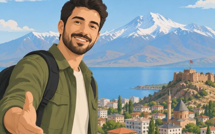 Van şehrisinin yükselen siluetiyle güvenli bir başvuru anını çağrıştıran, sıcak ve samimi bir illüstrasyon.