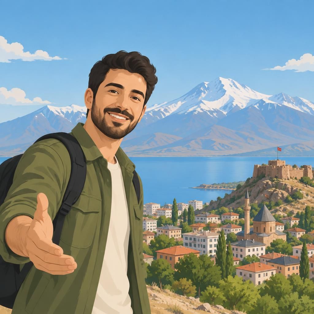 Van şehrisinin yükselen siluetiyle güvenli bir başvuru anını çağrıştıran, sıcak ve samimi bir illüstrasyon.