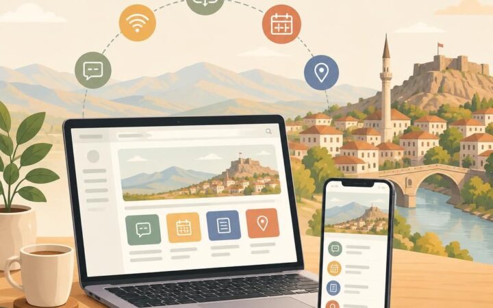 Bayburt’ta sakin bir şehir teması; illüstrasyon sade ve logo içermeyen, dijital iletişimi çağrıştıran görsel.