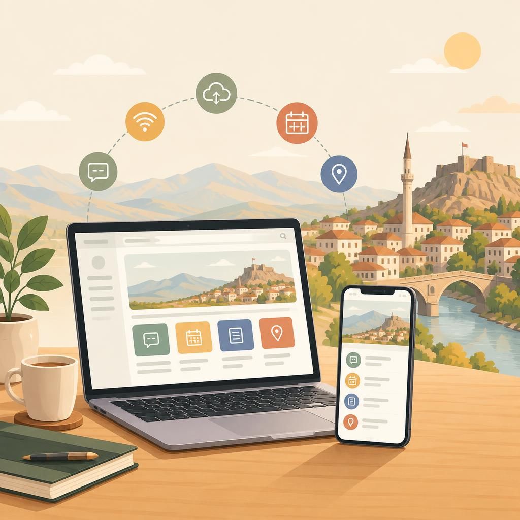 Bayburt’ta sakin bir şehir teması; illüstrasyon sade ve logo içermeyen, dijital iletişimi çağrıştıran görsel.