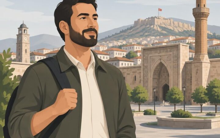 Karaman şehir manzarasında özgüvenli bir yetişkin erkeğin temsili illüstrasyonu
