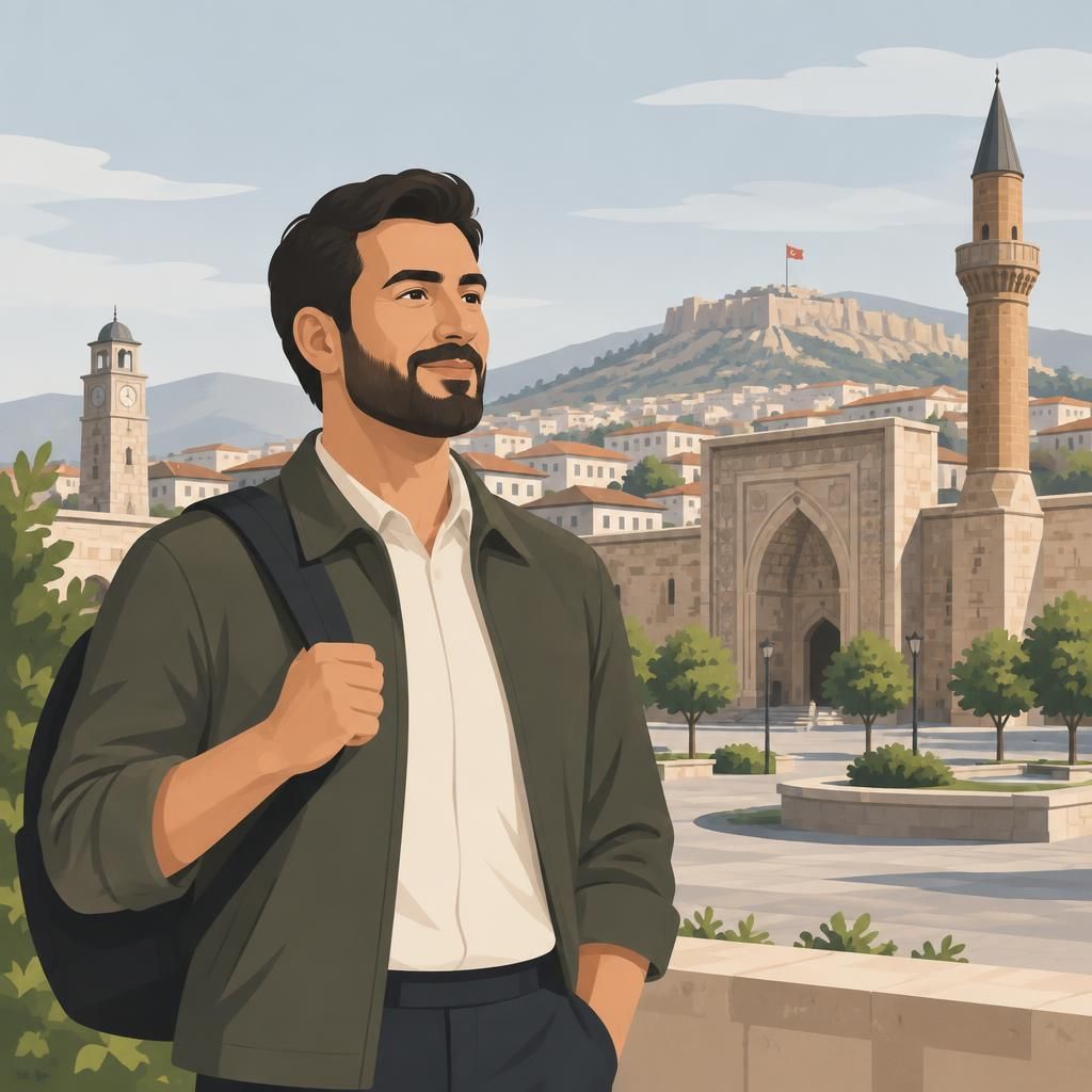 Karaman şehir manzarasında özgüvenli bir yetişkin erkeğin temsili illüstrasyonu