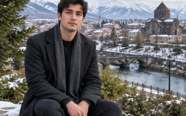 Ardahan şehir merkezini yansıtan sade bir illüstrasyon, genç bir erkek figürüyle