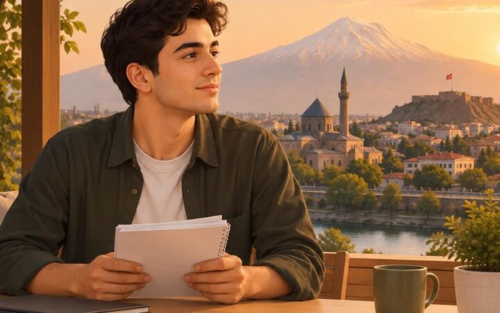 Iğdır’da jigolo olmak isteyen genç bir erkeğin incelemek üzere notlar tuttuğu sade çalışma masası