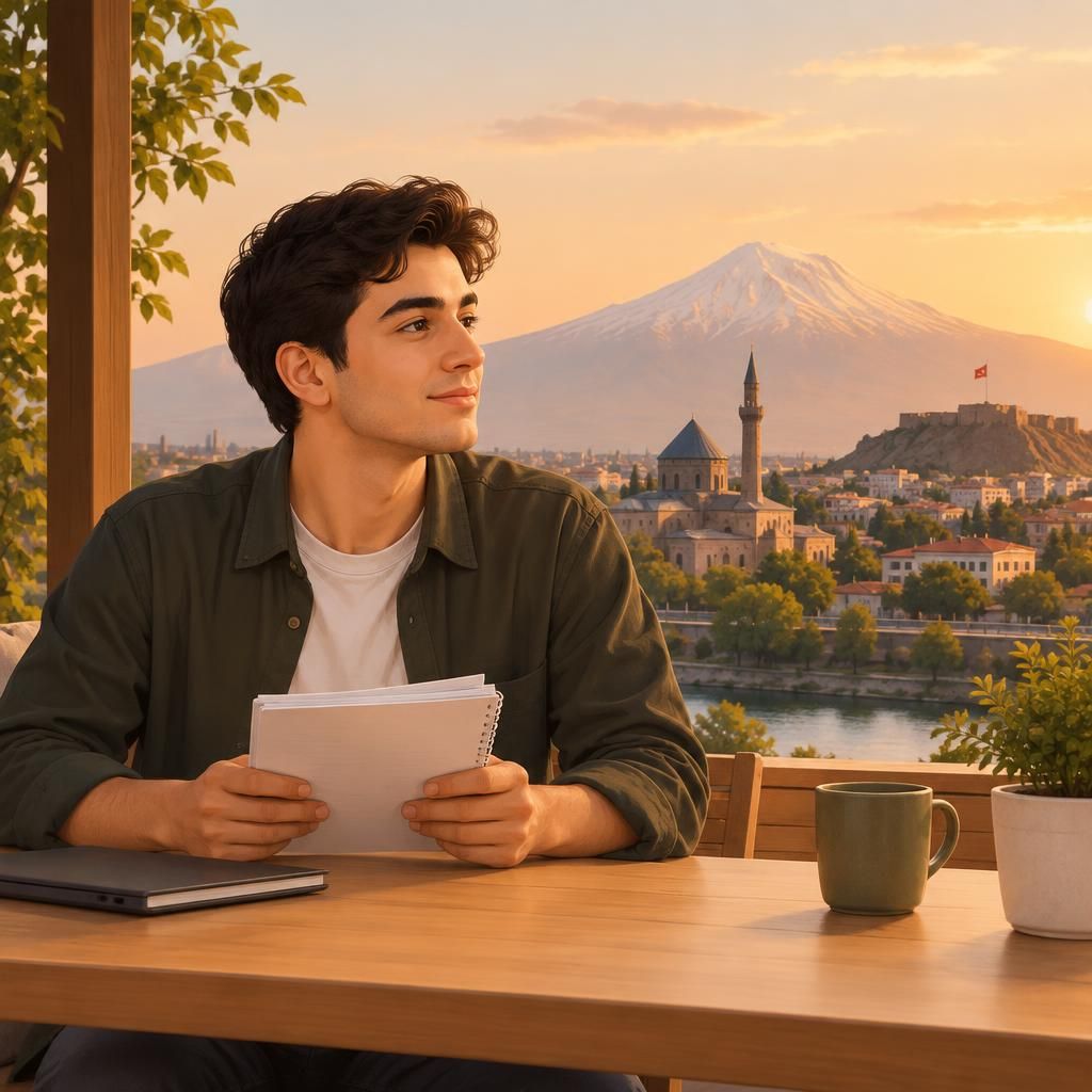 Iğdır’da jigolo olmak isteyen genç bir erkeğin incelemek üzere notlar tuttuğu sade çalışma masası