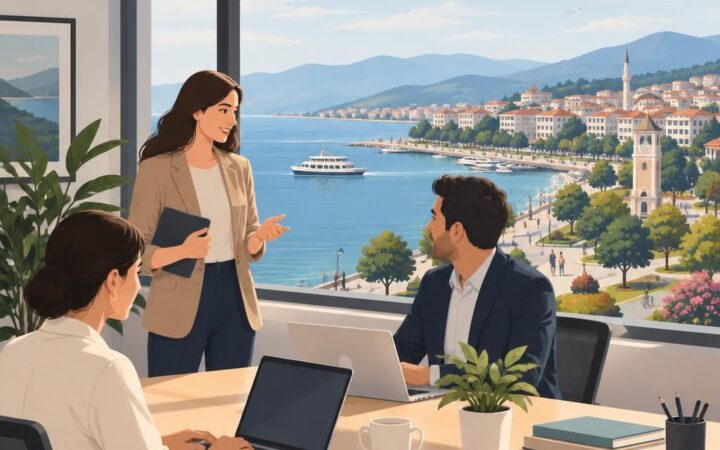 Yalova şehir manzarası ve profesyonel iletişimi yansıtan illüstrasyon alt metni