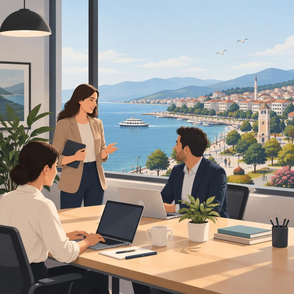Yalova şehir manzarası ve profesyonel iletişimi yansıtan illüstrasyon alt metni