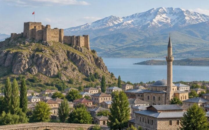 Bitlis kent silueti ve sakin şehir manzarası illüstrasyonu, sade ve tarafsız tonlarda.