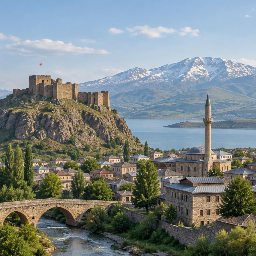 Bitlis kent silueti ve sakin şehir manzarası illüstrasyonu, sade ve tarafsız tonlarda.