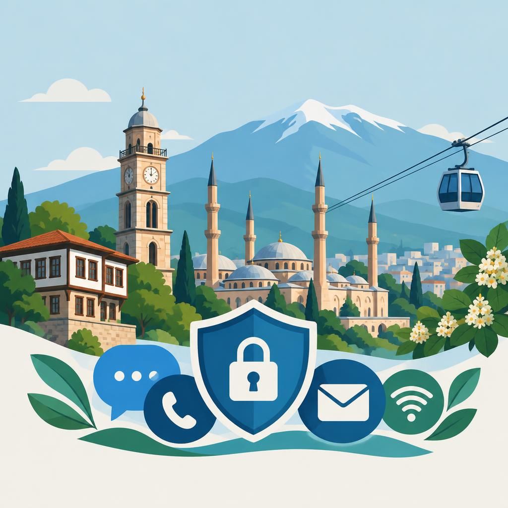 Bursa’da Jigola başvuru süreci için sade ve soyut illüstrasyon, iletişim ve güvenlik ikonlarıyla
