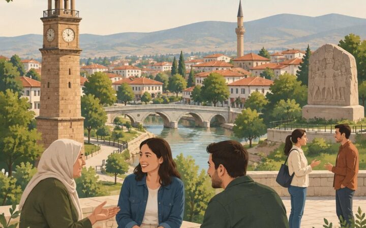 Çorum şehrini çağrıştıran sade editoryal illüstrasyon. İnsan etkileşimini ve güvenli iletişimi temsil eden, logosuz bir görüntü.