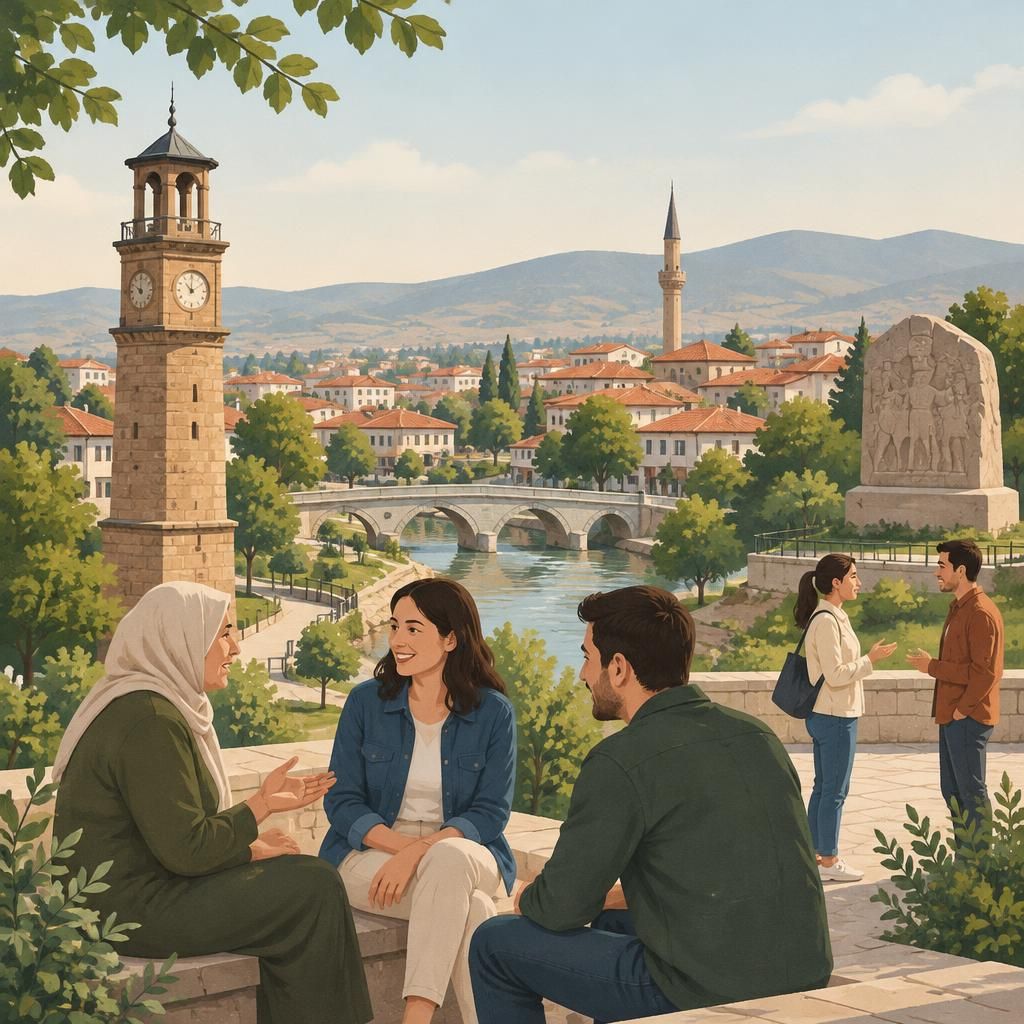 Çorum şehrini çağrıştıran sade editoryal illüstrasyon. İnsan etkileşimini ve güvenli iletişimi temsil eden, logosuz bir görüntü.