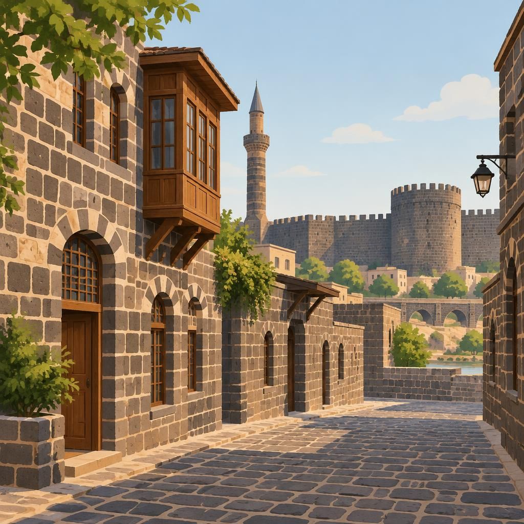 Diyarbakır’ın taş duvarlarını ve eski sokaklarını ima eden sade, doğal illüstratif görsel için açıklayıcı metin