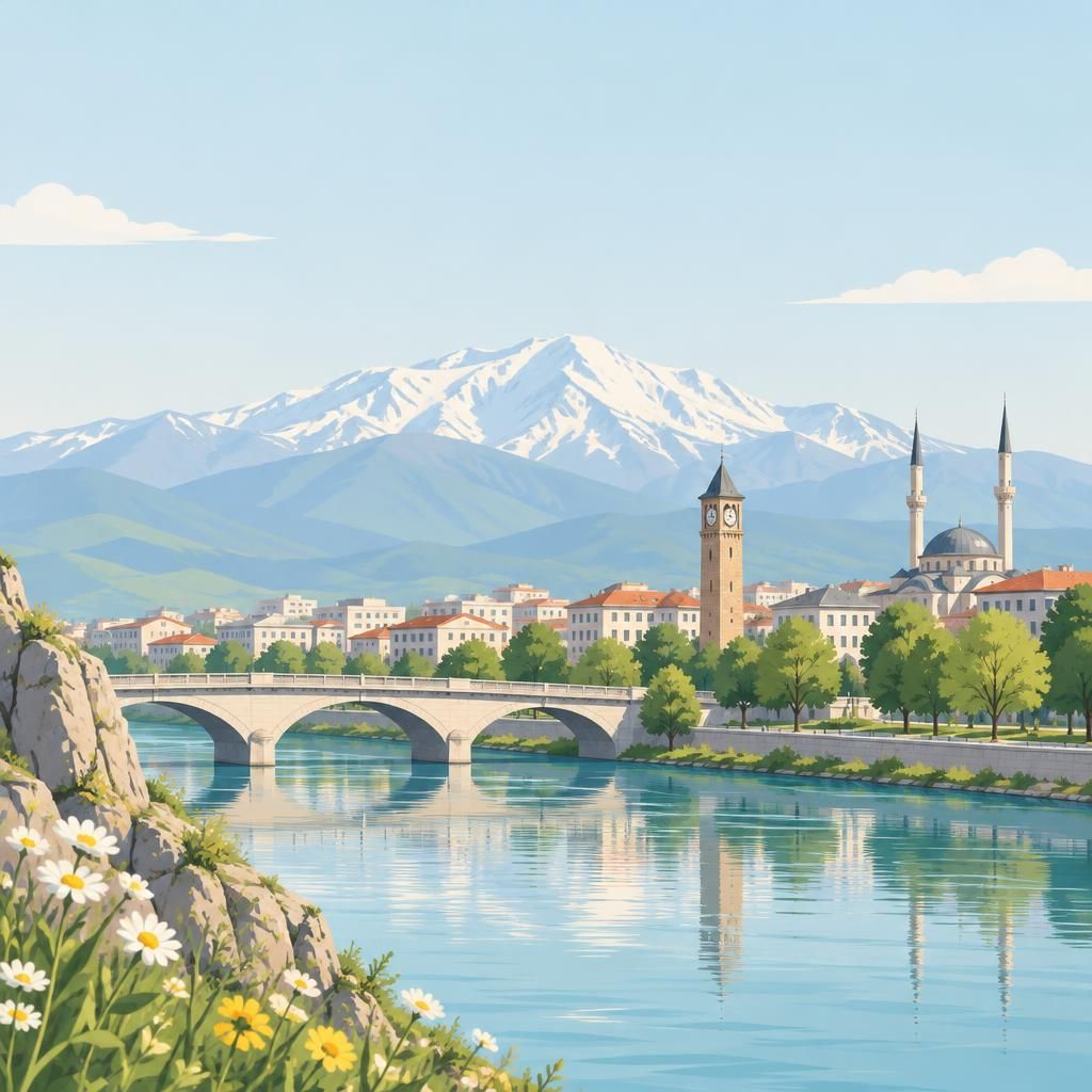 Erzincan temalı, sade ve nötr renklerle oluşturulmuş çağdaş illüstrasyon