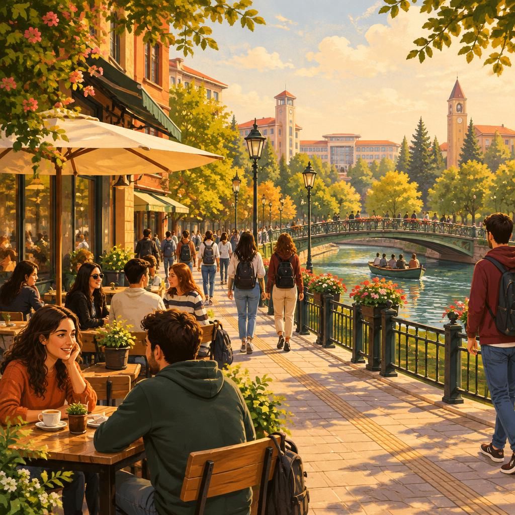 Eskişehir sokaklarında güvenli ve profesyonel bir yaklaşımı çağrıştıran, açık havada sohbet eden iki yetişkin figürünün stilize edilişi