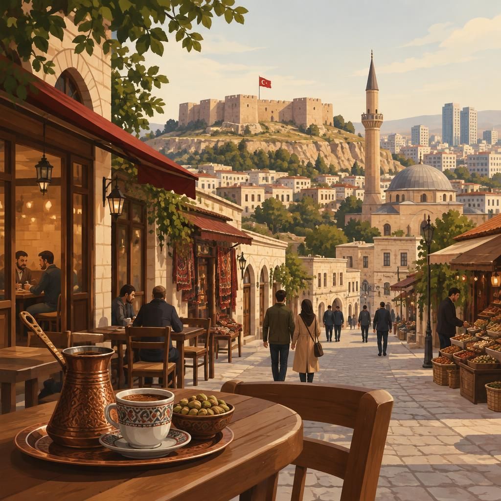 Gaziantep şehir silueti ve gündelik hayattan bir sahne, etrafında işaretler ve sohbetler ile