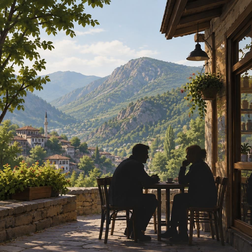 Gümüşhane’de sakin bir kahve dükkanı önünde konuşan iki kişinin silüetiyle doğa manzarası