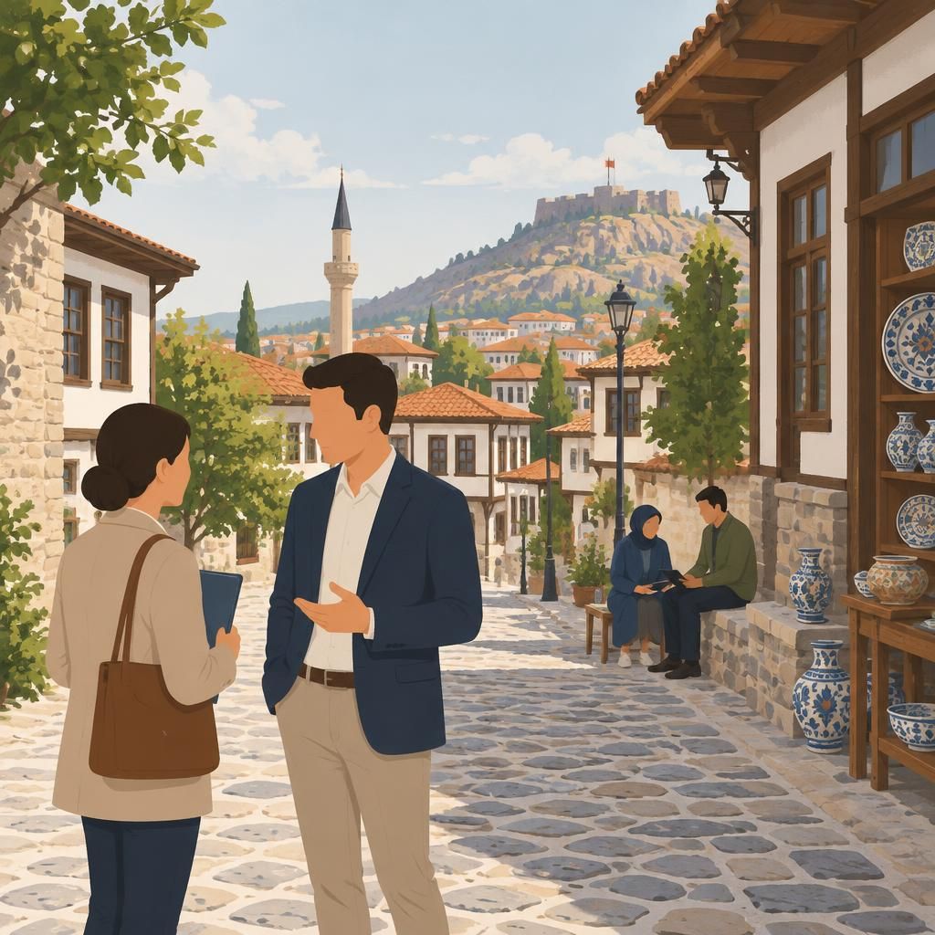 Kütahya sokaklarında sade ve profesyonel bir atmosferi yansıtan illüstrasyon için açıklayıcı alt metin