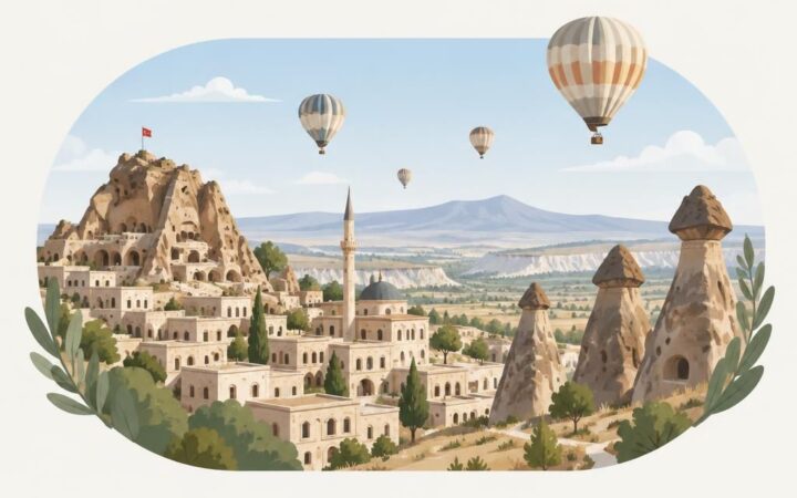 Nevşehir siluetiyle sade, gün ışığında edisyonel illüstrasyon görselinin açıklayıcı metni.