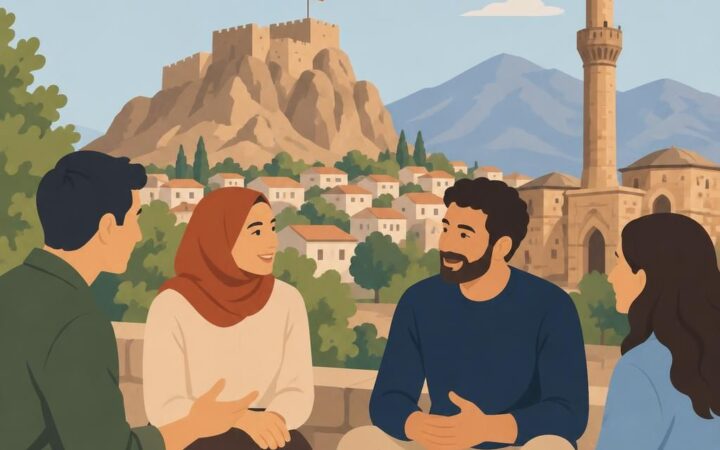 Niğde şehrinin sade ve profesyonel illüstrasyonu, şehir silueti ve insan figürleriyle sıcak bir hava verir.