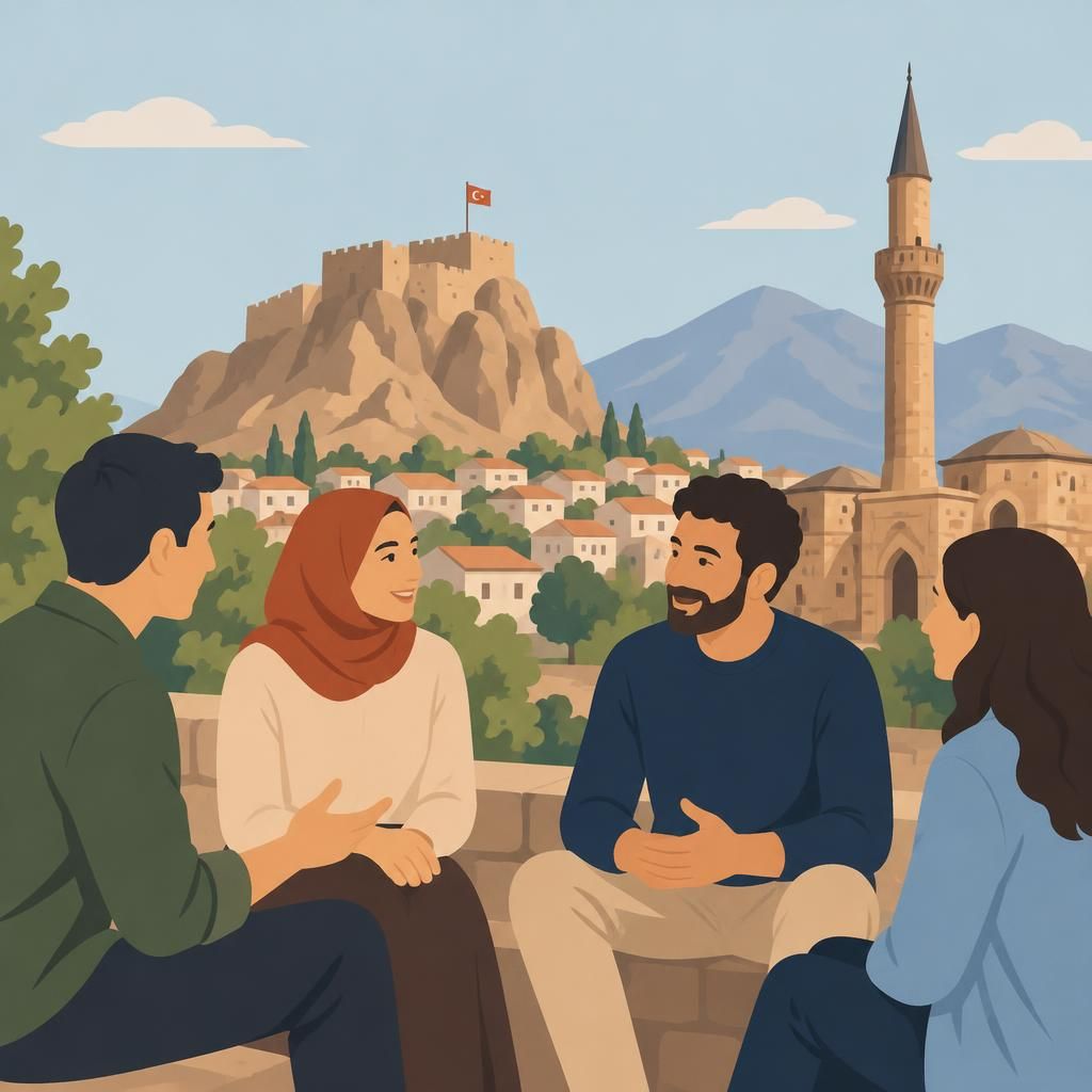 Niğde şehrinin sade ve profesyonel illüstrasyonu, şehir silueti ve insan figürleriyle sıcak bir hava verir.