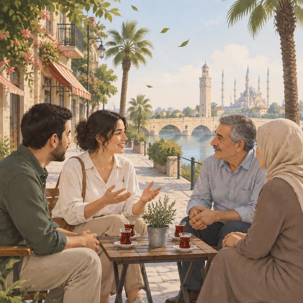 Adana’daki bir konuşmayı çağrıştıran sade illüstratif görsel açıklaması.