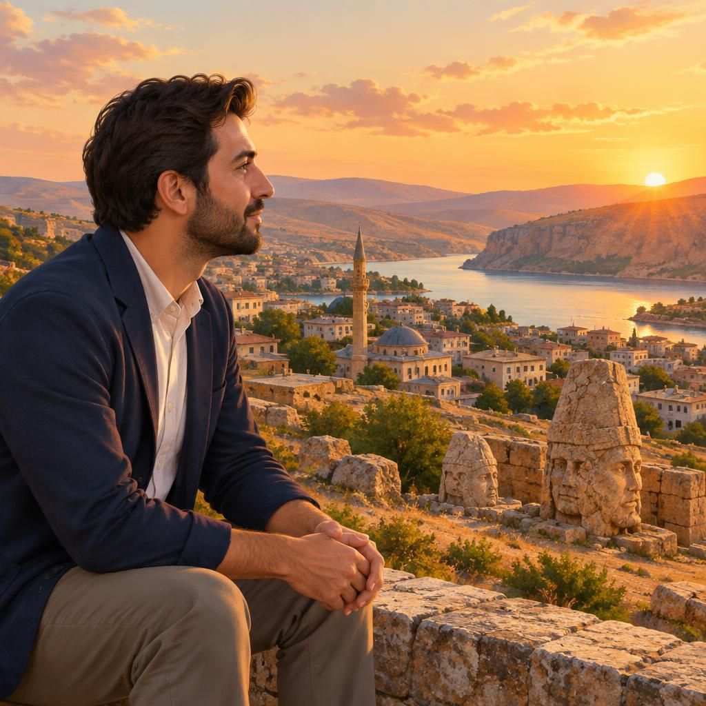 Adıyaman kent siluetiyle düşünceli erkek figürü, doğal bir illüstrasyon