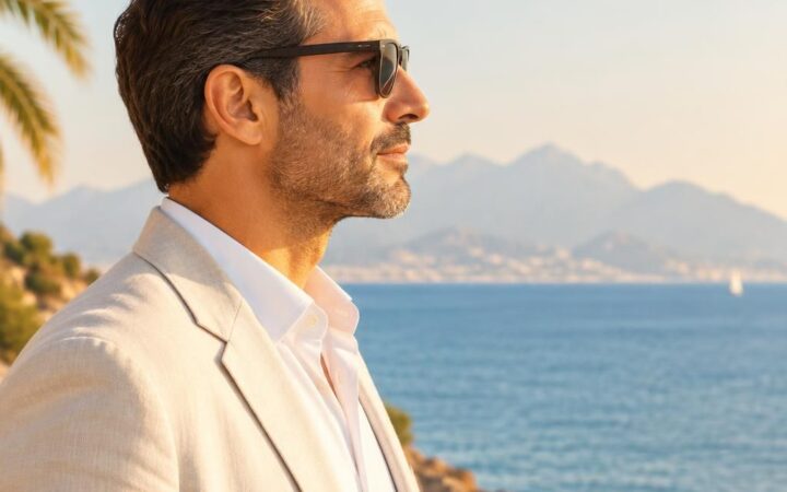 Antalya sahilinde profesyonel görünen bir erkek silueti, sade arka planla desteklenen illüstrasyon.