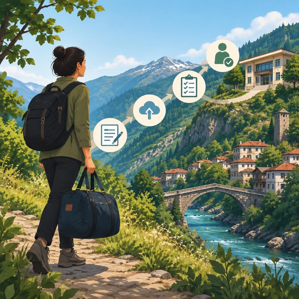 Artvin’in doğasıyla uyumlu sade bir illüstrasyon; başvuru süreciyle ilişkili bir figür ince bir yolculuk yapıyor.